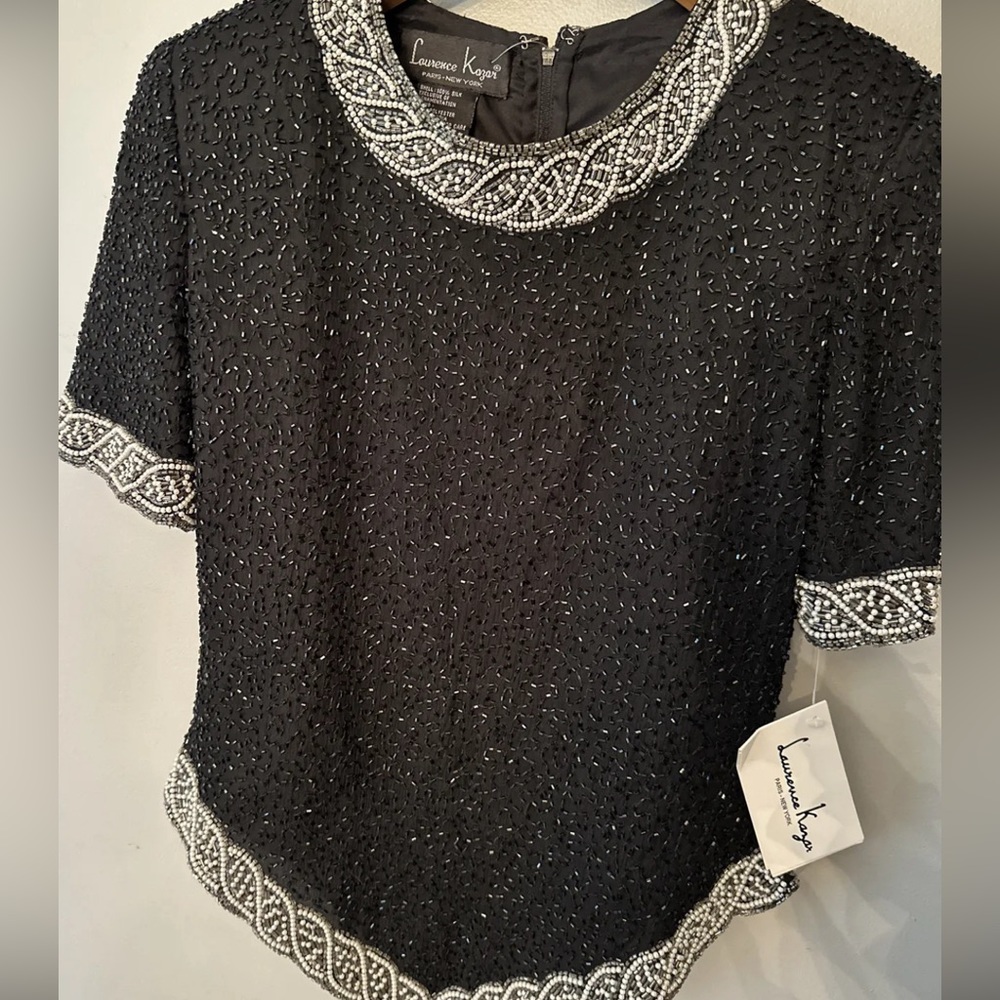 VTG Laurence Kazar Black Beaded Top w/Pearl Beaded Neckline Small Petite NWT‎